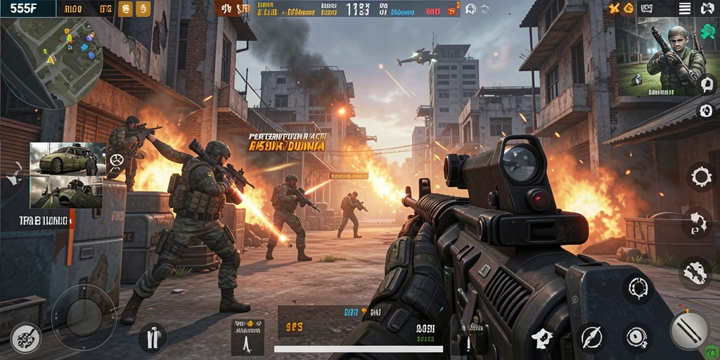 Tampilan menarik gameplay 555F dengan aksi FPS yang mendebarkan.