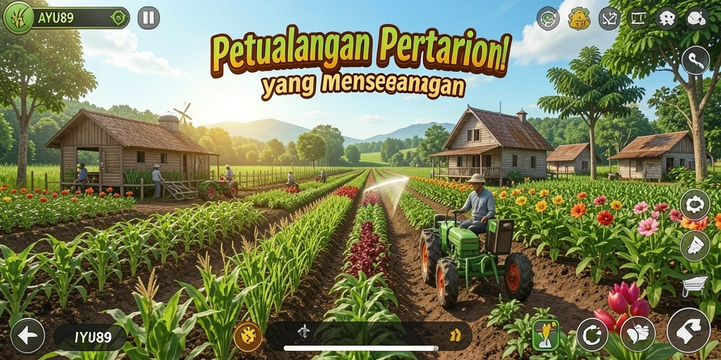 Screenshot gameplay AYU89 menampilkan lahan pertanian yang subur