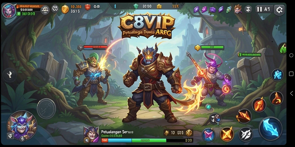 Screenshot gameplay C8VIP menampilkan aksi pertarungan epik dan lingkungan fantasi yang mencolok.
