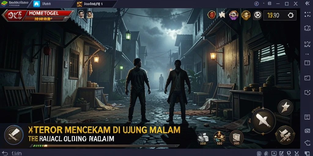 Menampilkan gameplay menyeramkan HOMETOGEL dengan suasana malam yang mencekam.